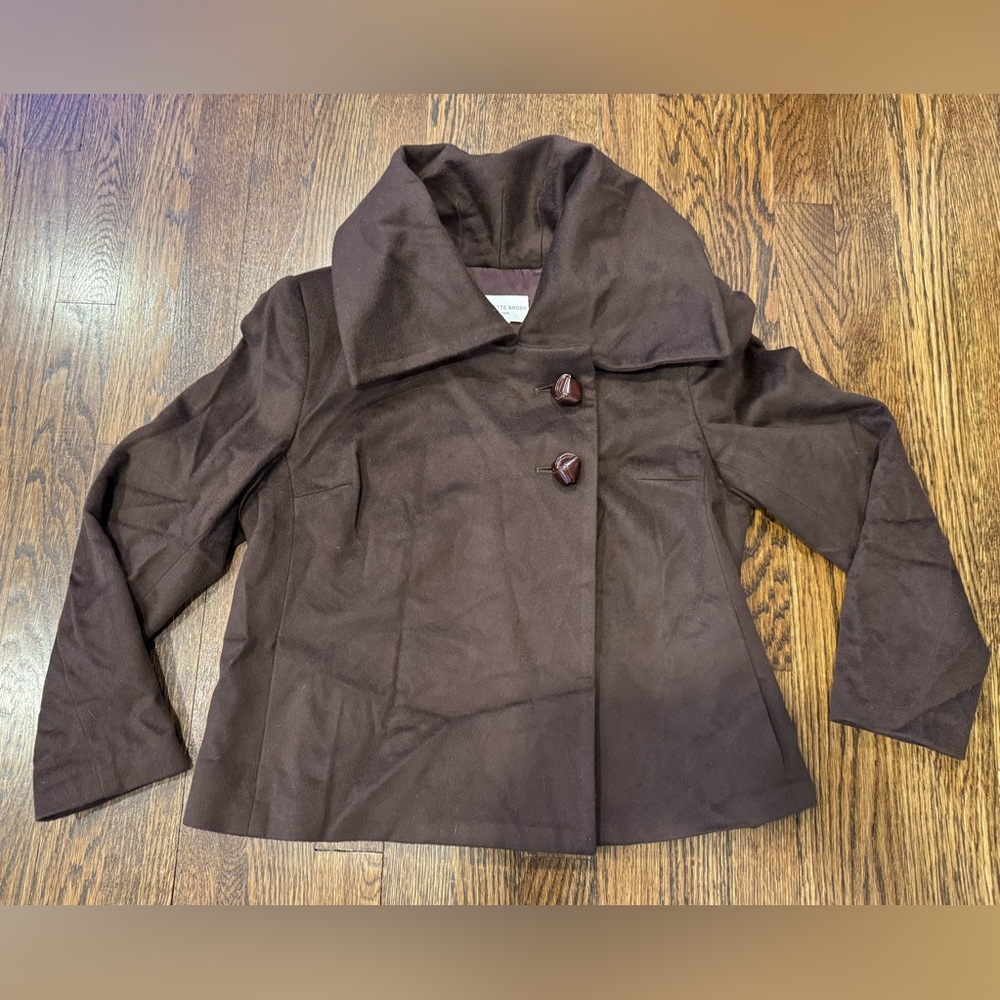 CHARLOTTE BRODY Women's Brown Blazer Wool Cashmere Blend Coat Leather Buttons S